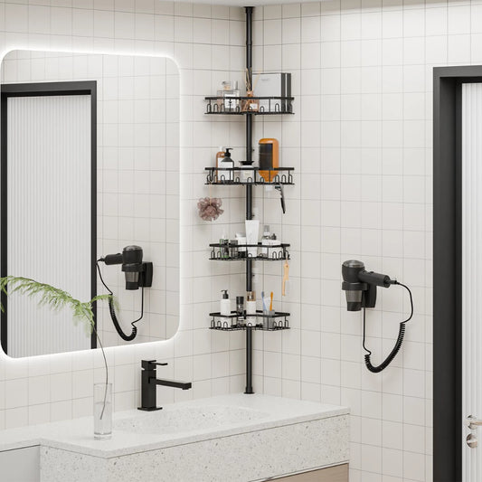 Duschhjørnereol Teleskop uden at bore, Højdejusterbar Duschhylde til hjørne med 4 hylder, Badekar & Køkken hjørnereol, Shampooholder, Rustfrit stål (86-298cm)