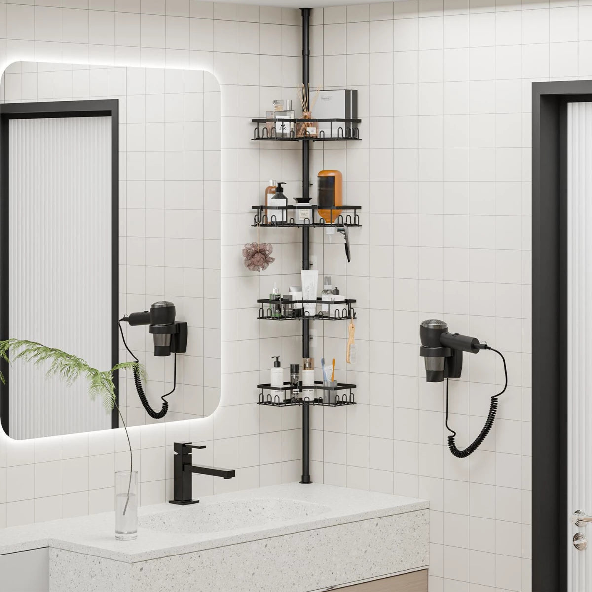 [VORBESTELLUNG] Teleskop Duschregal ohne Bohren (82-296cm) - Eckregal mit 4 Ablagen, Edelstahl Duschablage für Badewanne & Dusche - HouseUp®