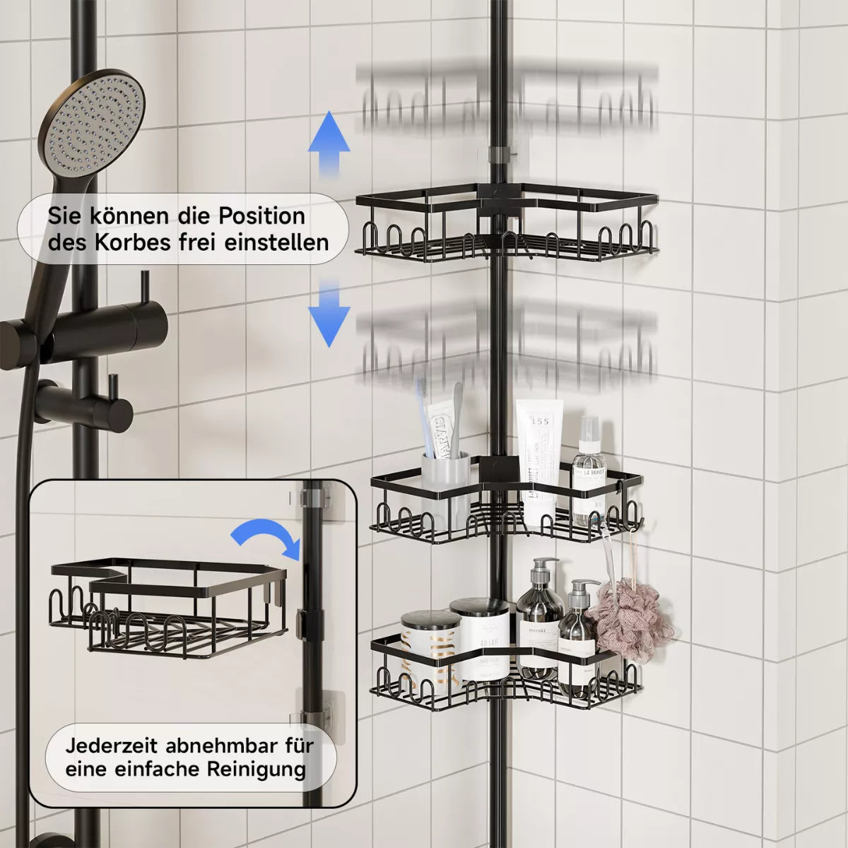 [VORBESTELLUNG] Teleskop Duschregal ohne Bohren (82-296cm) - Eckregal mit 4 Ablagen, Edelstahl Duschablage für Badewanne & Dusche - HouseUp®