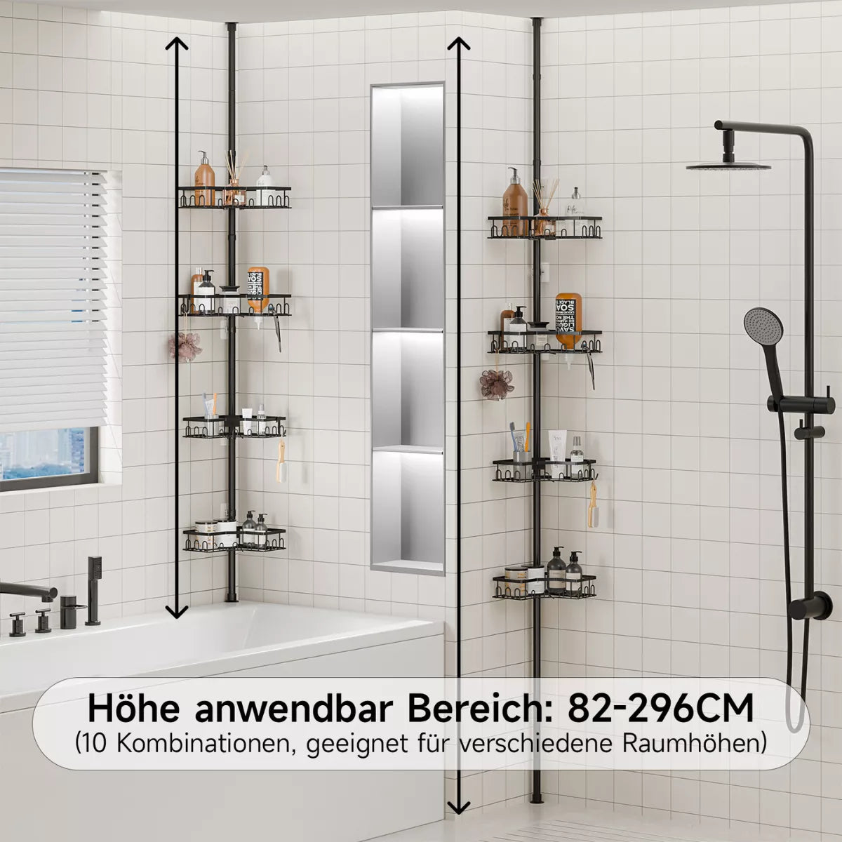[VORBESTELLUNG] Teleskop Duschregal ohne Bohren (82-296cm) - Eckregal mit 4 Ablagen, Edelstahl Duschablage für Badewanne & Dusche - HouseUp®