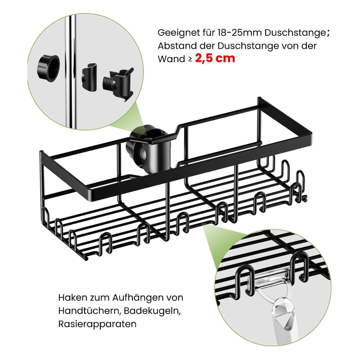 HouseUp® Duschablage ohne Bohren – Schwarz Edelstahl Duschregal für Duschstange (18-25mm), Rostfrei