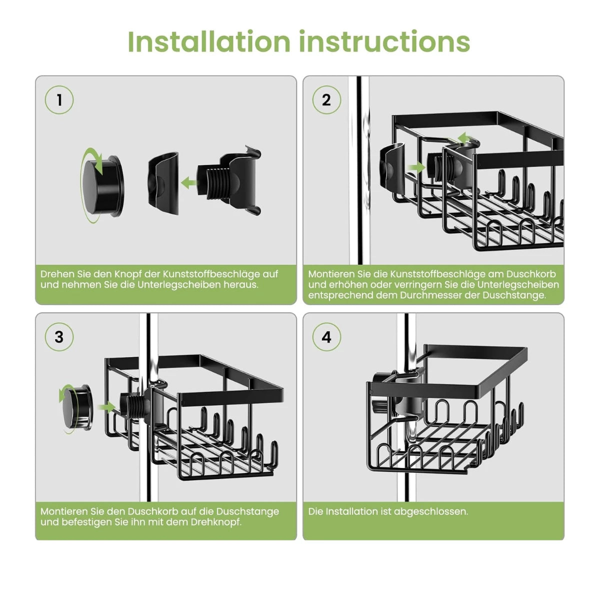 HouseUp® Duschablage ohne Bohren – Schwarz Edelstahl Duschregal für Duschstange (18-25mm), Rostfrei