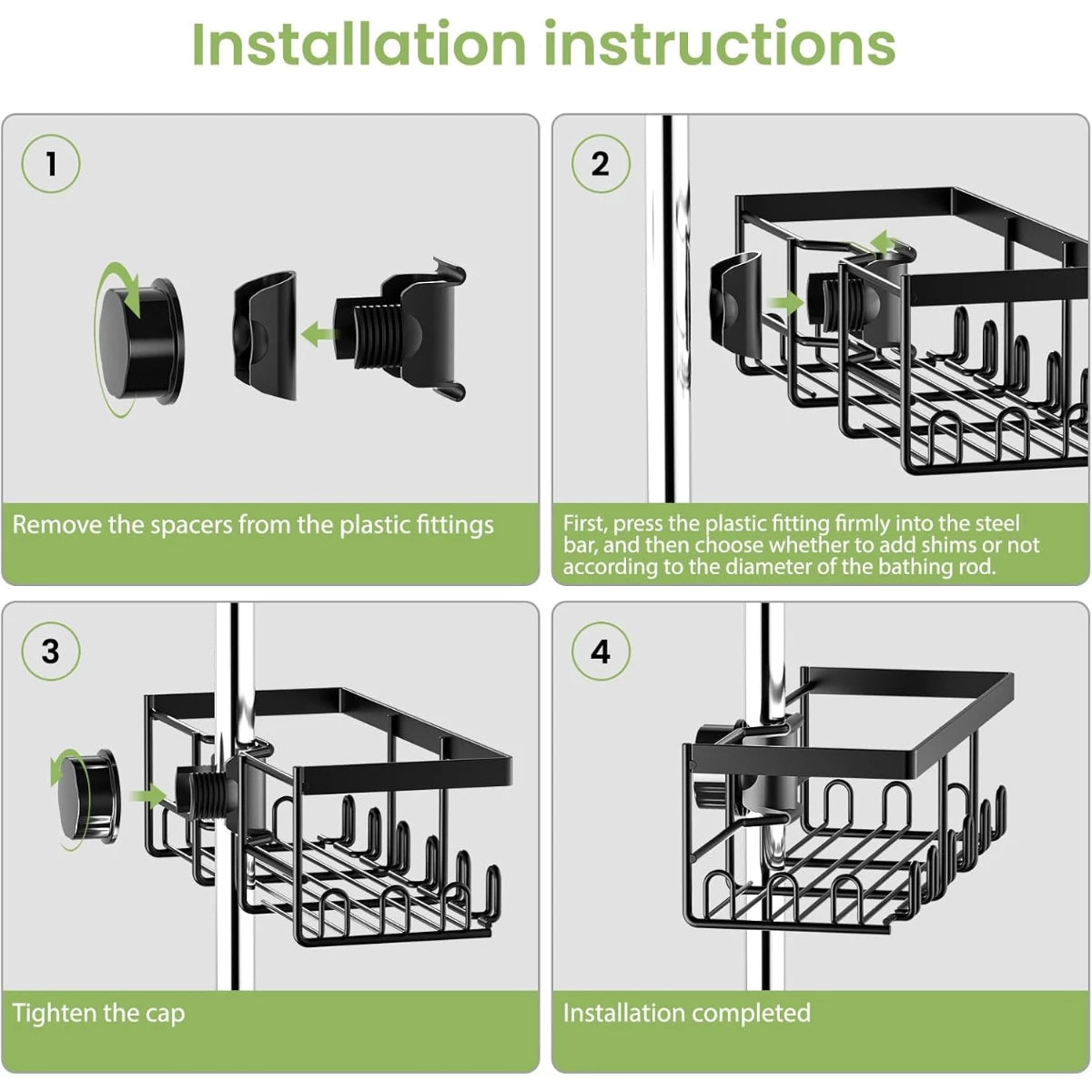 2er Set Duschablage für Duschstange (18-25mm) - Schwarz Edelstahl Duschregal ohne Bohren, Badezimmer Organizer (2 Stück) - HouseUp®