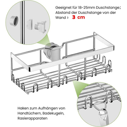 HouseUp® Duschablage ohne Bohren – Silber Edelstahl Duschregal für Duschstange (18-25mm), Rostfrei