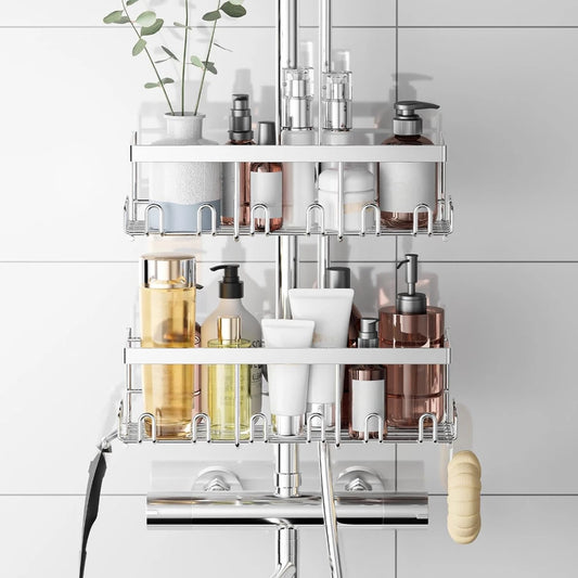 2er Set Duschablage für Duschstange (18-25mm) - Silber Edelstahl Duschregal ohne Bohren, Badezimmer Organizer (2 Stück) - HouseUp®