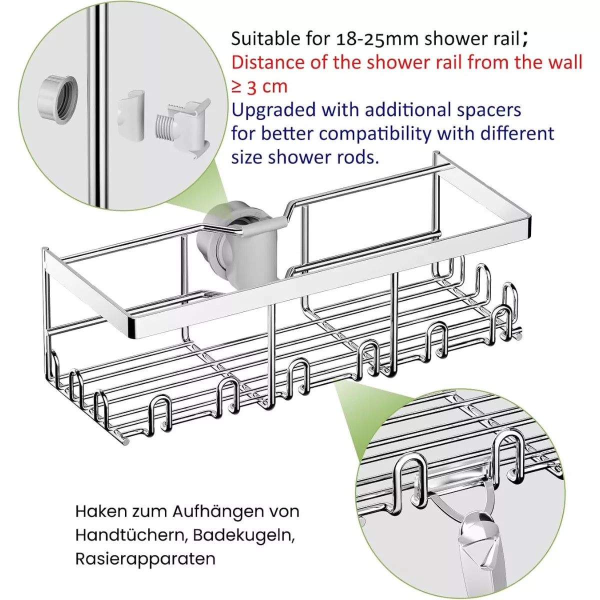 2er Set Duschablage für Duschstange (18-25mm) - Silber Edelstahl Duschregal ohne Bohren, Badezimmer Organizer (2 Stück) - HouseUp®