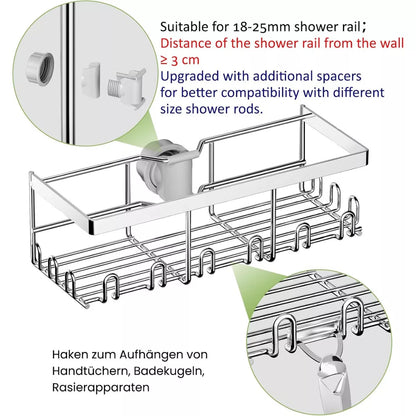 2er Set Duschablage für Duschstange (18-25mm) - Silber Edelstahl Duschregal ohne Bohren, Badezimmer Organizer (2 Stück) - HouseUp®