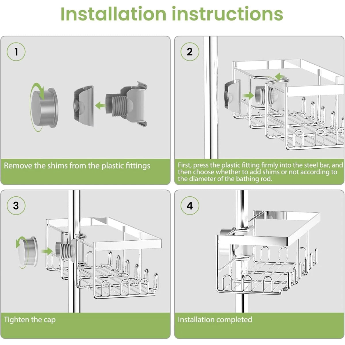 2er Set Duschablage für Duschstange (18-25mm) - Silber Edelstahl Duschregal ohne Bohren, Badezimmer Organizer (2 Stück) - HouseUp®