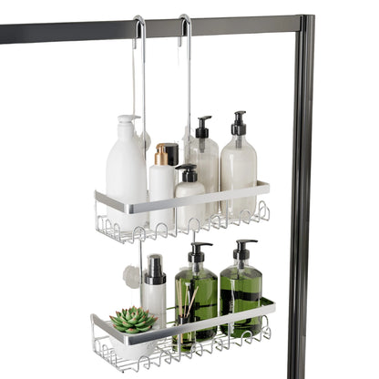 [VORBESTELLUNG] Duschablage zum Hängen für Glastür & Duschwand (bis 3cm) - Rostfrei Edelstahl Duschregal mit 5 Saugnäpfen, Schwarz/Silber - HouseUp®