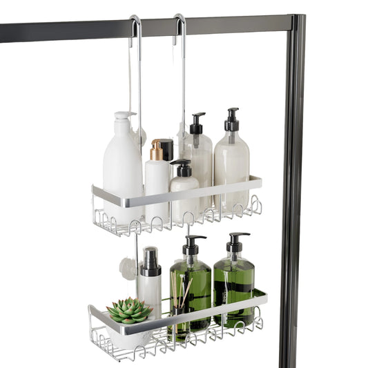 [VORBESTELLUNG] Duschablage zum Hängen für Glastür & Duschwand (bis 3cm) - Rostfrei Edelstahl Duschregal mit 5 Saugnäpfen, Schwarz/Silber - HouseUp®