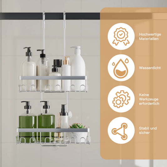 [VORBESTELLUNG] Duschablage zum Hängen für Glastür & Duschwand (bis 3cm) - Rostfrei Edelstahl Duschregal mit 5 Saugnäpfen, Schwarz/Silber - HouseUp®