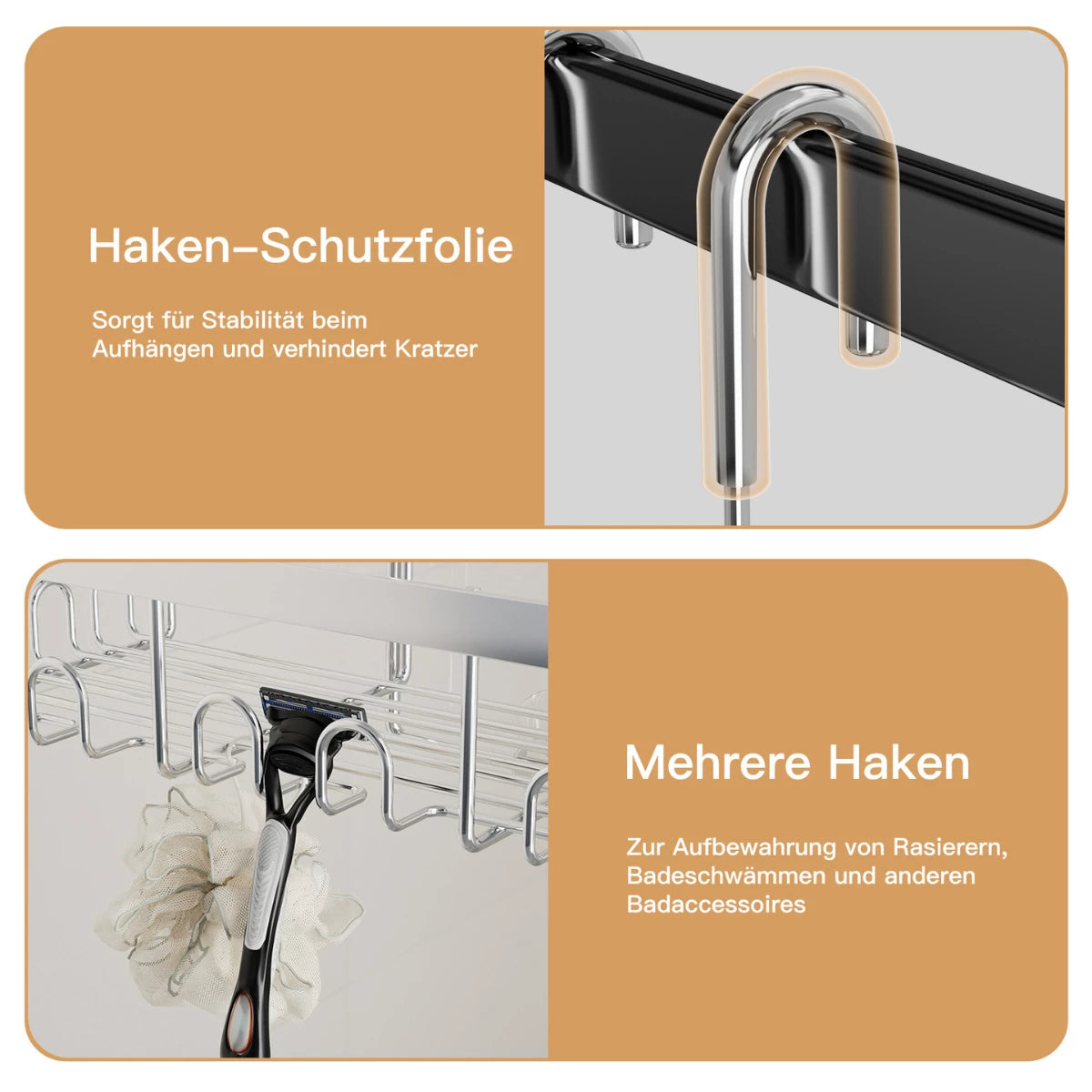 [VORBESTELLUNG] Duschablage zum Hängen für Glastür & Duschwand (bis 3cm) - Rostfrei Edelstahl Duschregal mit 5 Saugnäpfen, Schwarz/Silber - HouseUp®