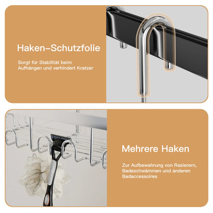 [VORBESTELLUNG] Duschablage zum Hängen für Glastür & Duschwand (bis 3cm) - Rostfrei Edelstahl Duschregal mit 5 Saugnäpfen, Schwarz/Silber - HouseUp®