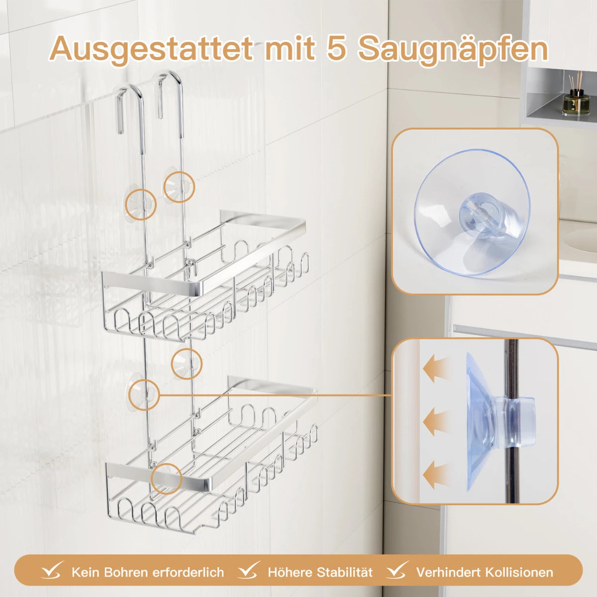 [VORBESTELLUNG] Duschablage zum Hängen für Glastür & Duschwand (bis 3cm) - Rostfrei Edelstahl Duschregal mit 5 Saugnäpfen, Schwarz/Silber - HouseUp®