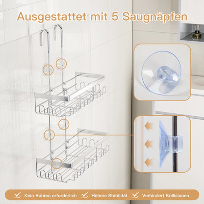 [VORBESTELLUNG] Duschablage zum Hängen für Glastür & Duschwand (bis 3cm) - Rostfrei Edelstahl Duschregal mit 5 Saugnäpfen, Schwarz/Silber - HouseUp®