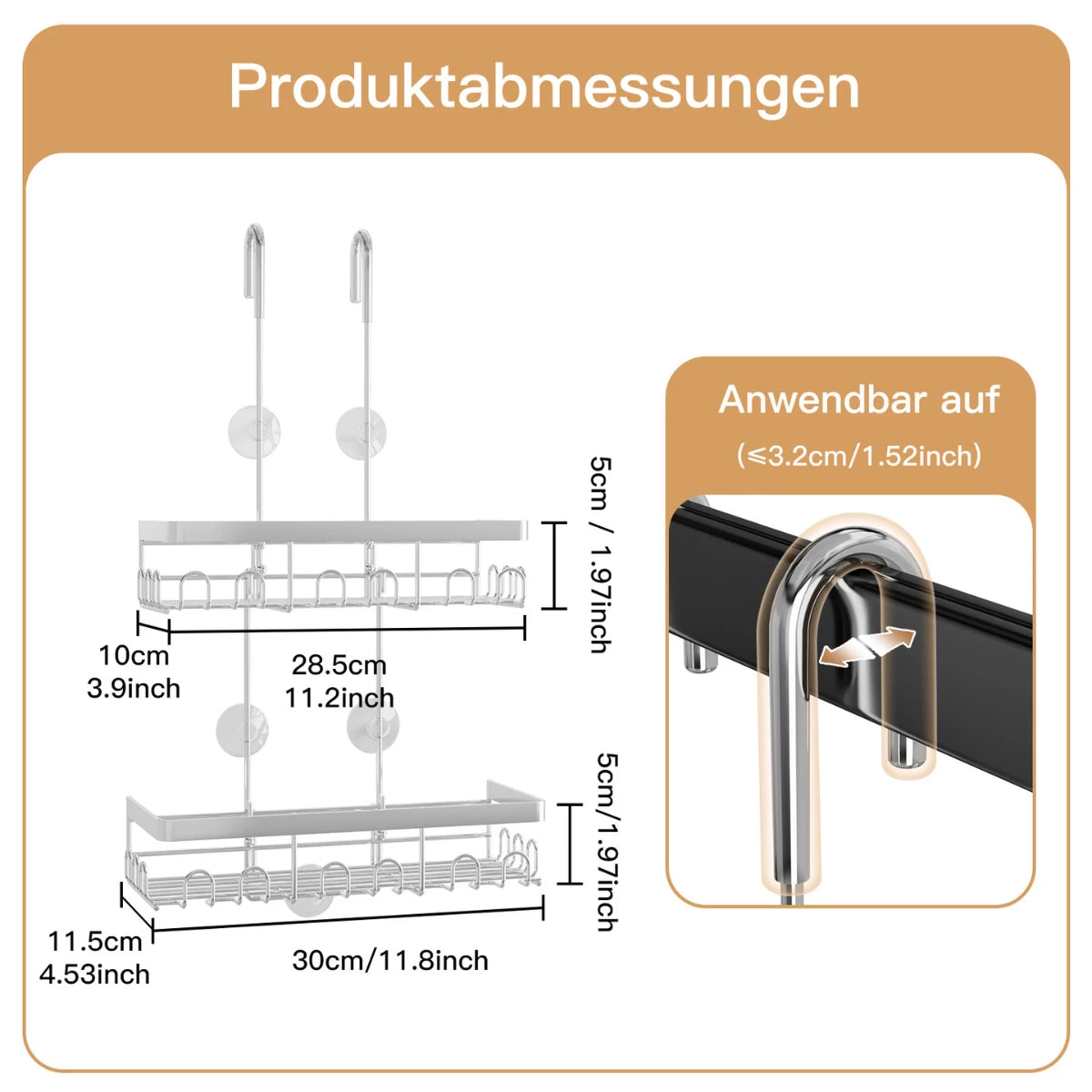 [VORBESTELLUNG] Duschablage zum Hängen für Glastür & Duschwand (bis 3cm) - Rostfrei Edelstahl Duschregal mit 5 Saugnäpfen, Schwarz/Silber - HouseUp®