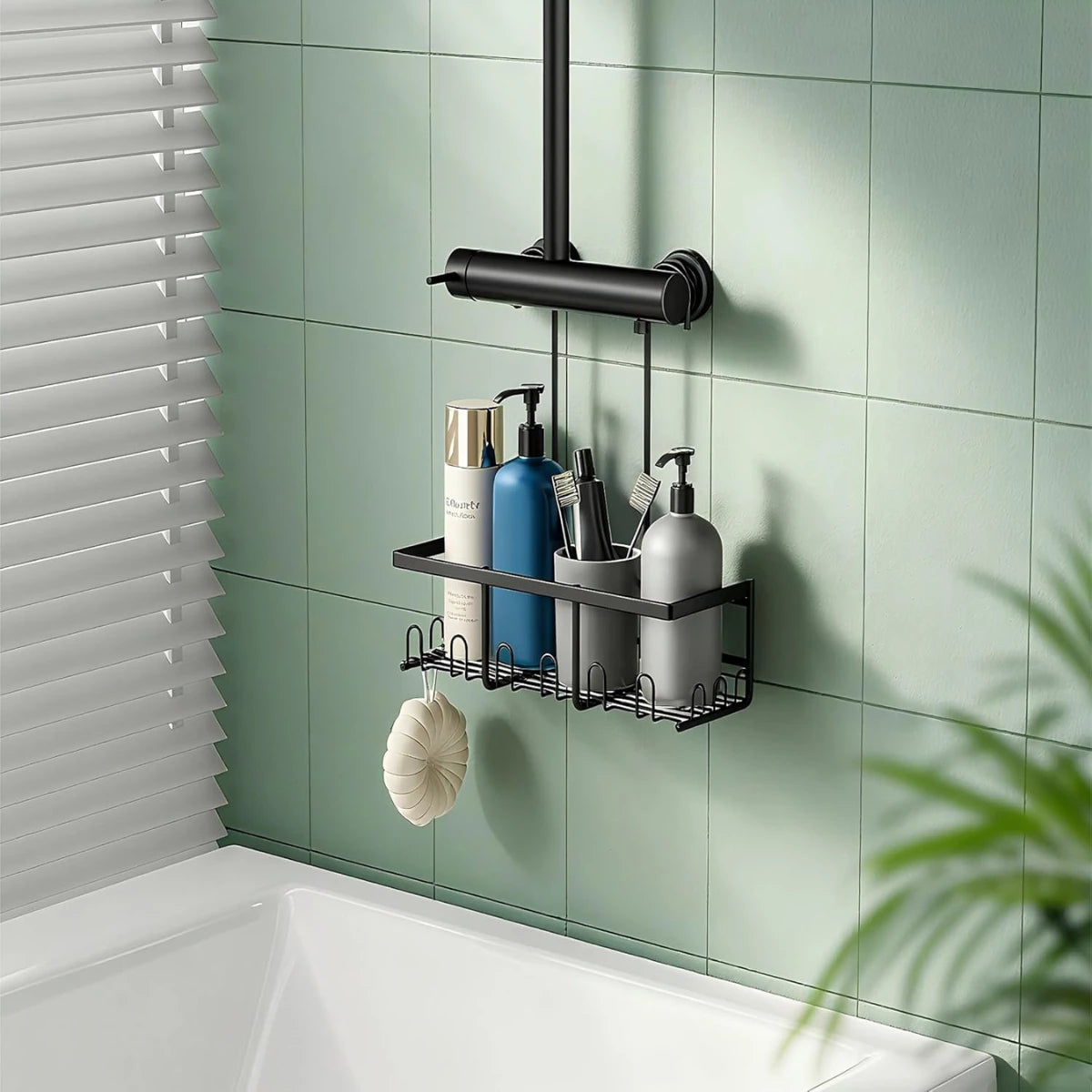 Duschablage Schwarz ohne Bohren - Rostfrei Edelstahl Duschregal zum Hängen, Duschkorb für Duscharmatur & Bad (1 Stück) - HouseUp®