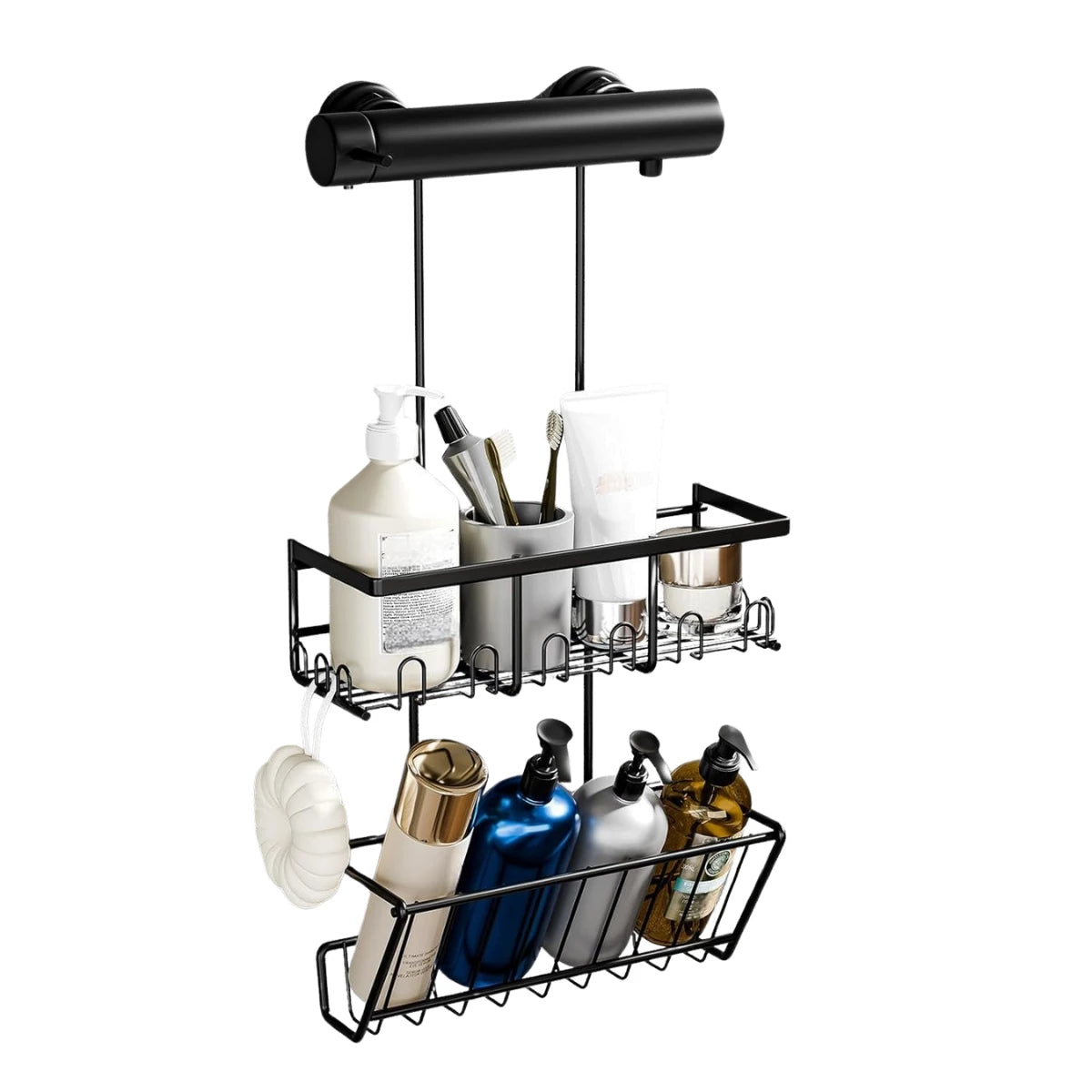 2er Set Duschregal Schwarz ohne Bohren - Edelstahl Duschablage zum Hängen, Rostfrei Duschkorb für Duscharmatur & Bad - HouseUp®