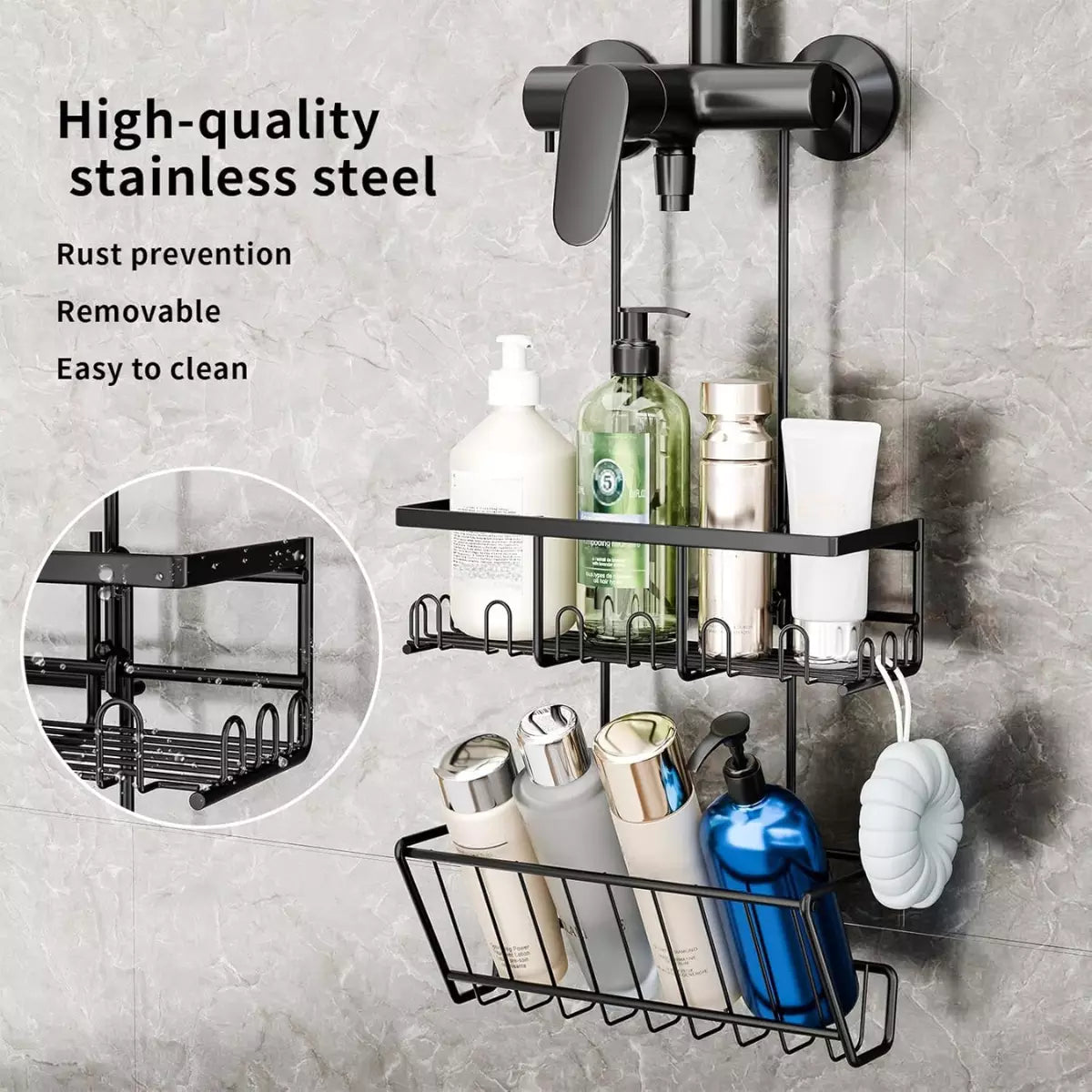 2er Set Duschregal Schwarz ohne Bohren - Edelstahl Duschablage zum Hängen, Rostfrei Duschkorb für Duscharmatur & Bad - HouseUp®