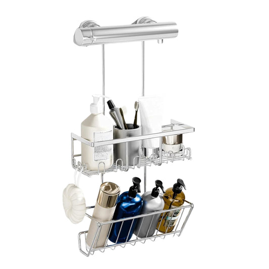 2er Set Duschregal Silber ohne Bohren - Edelstahl Duschablage zum Hängen, Rostfrei Duschkorb für Duschstange & Bad, Montage ohne Kleben - HouseUp®