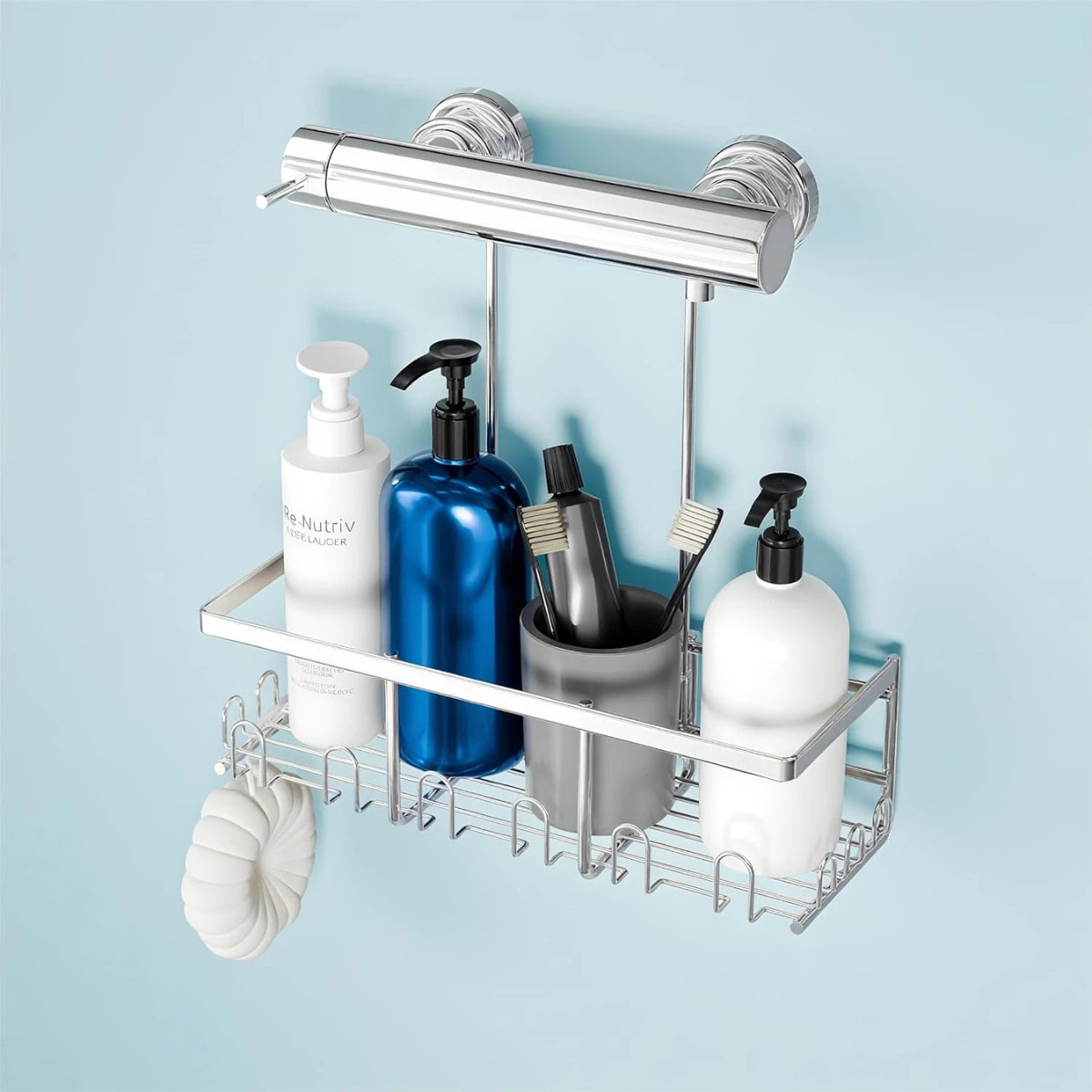 Duschablage Silber ohne Bohren - Rostfrei Edelstahl Duschregal zum Hängen, Duschkorb für Duschstange & Bad (1 Stück) - HouseUp®