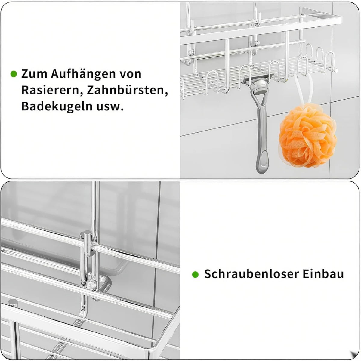 Duschablage Silber ohne Bohren - Rostfrei Edelstahl Duschregal zum Hängen, Duschkorb für Duschstange & Bad (1 Stück) - HouseUp®
