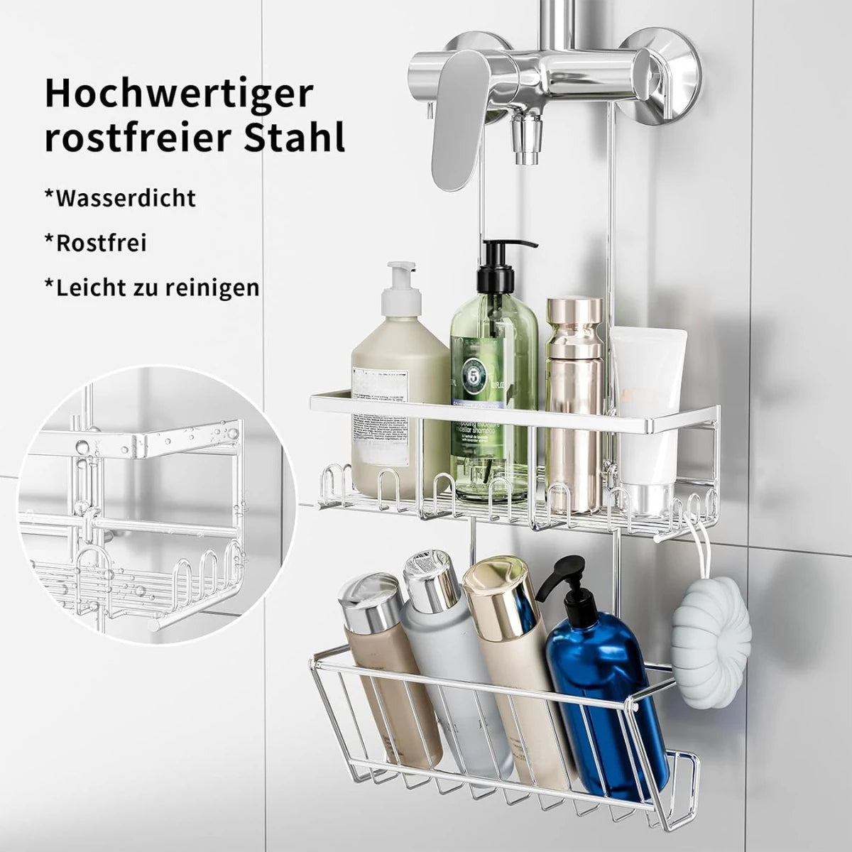 2er Set Duschregal Silber ohne Bohren - Edelstahl Duschablage zum Hängen, Rostfrei Duschkorb für Duschstange & Bad, Montage ohne Kleben - HouseUp®